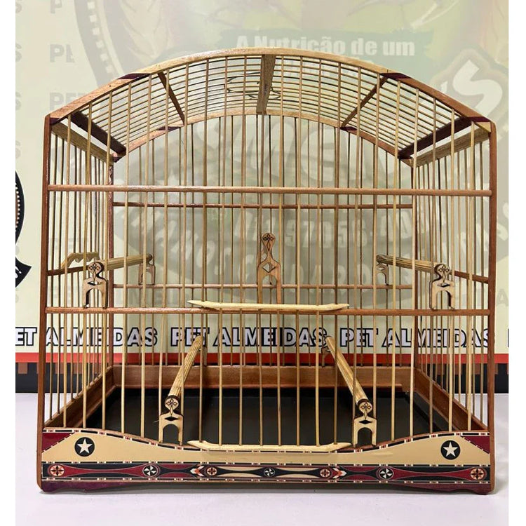 GAIOLA DE PASSEIO PARA TRINCA FERRO, COM MARCHETARIA EM FITA LARGA