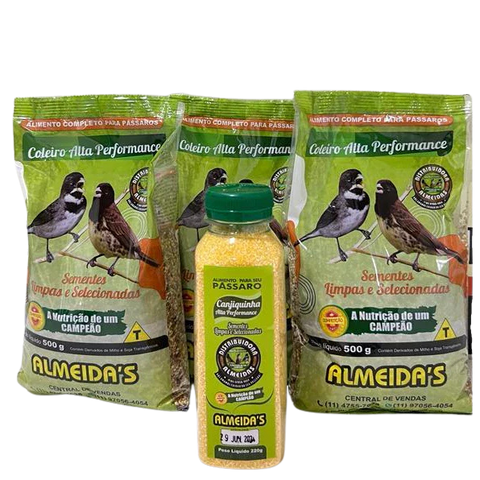 Kit ALTA PERFORMANCE contendo: 3 coleiro alta performance 500G e 1 canjiquinha alta performance 220G