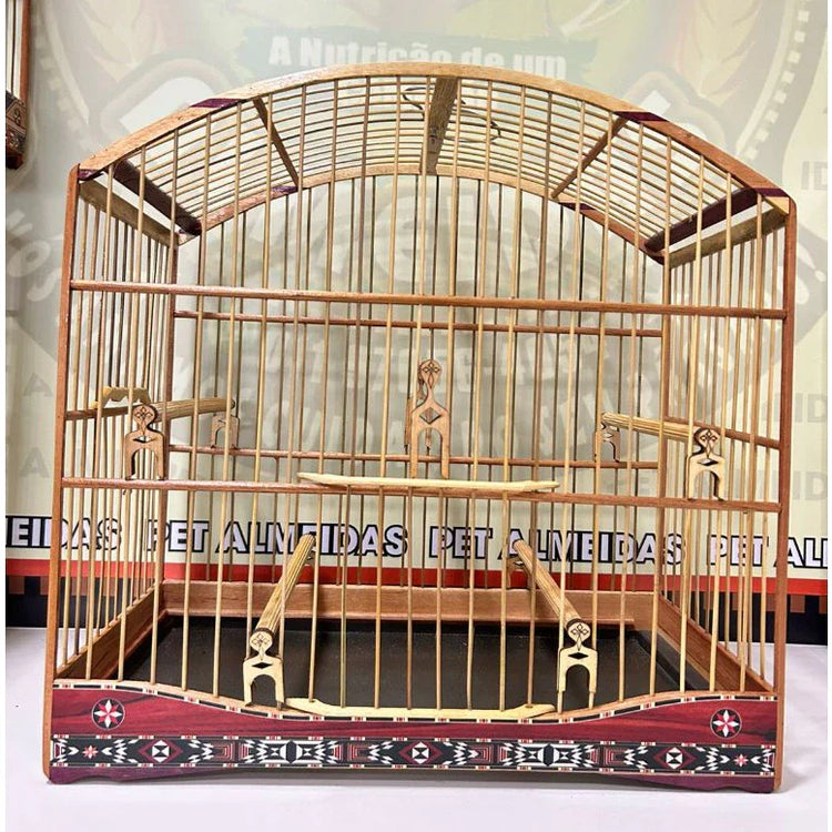 GAIOLA DE PASSEIO PARA TRINCA FERRO, COM MARCHETARIA EM FITA LARGA